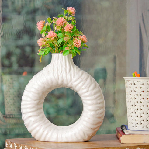 White Ring Textured Ceramic Vase - The Earth Store - Planter